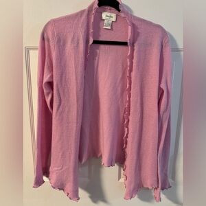 Neiman Marcus Cashmere Pink Ruffled Trim Thin Cardigan Large Elegant Chic Office